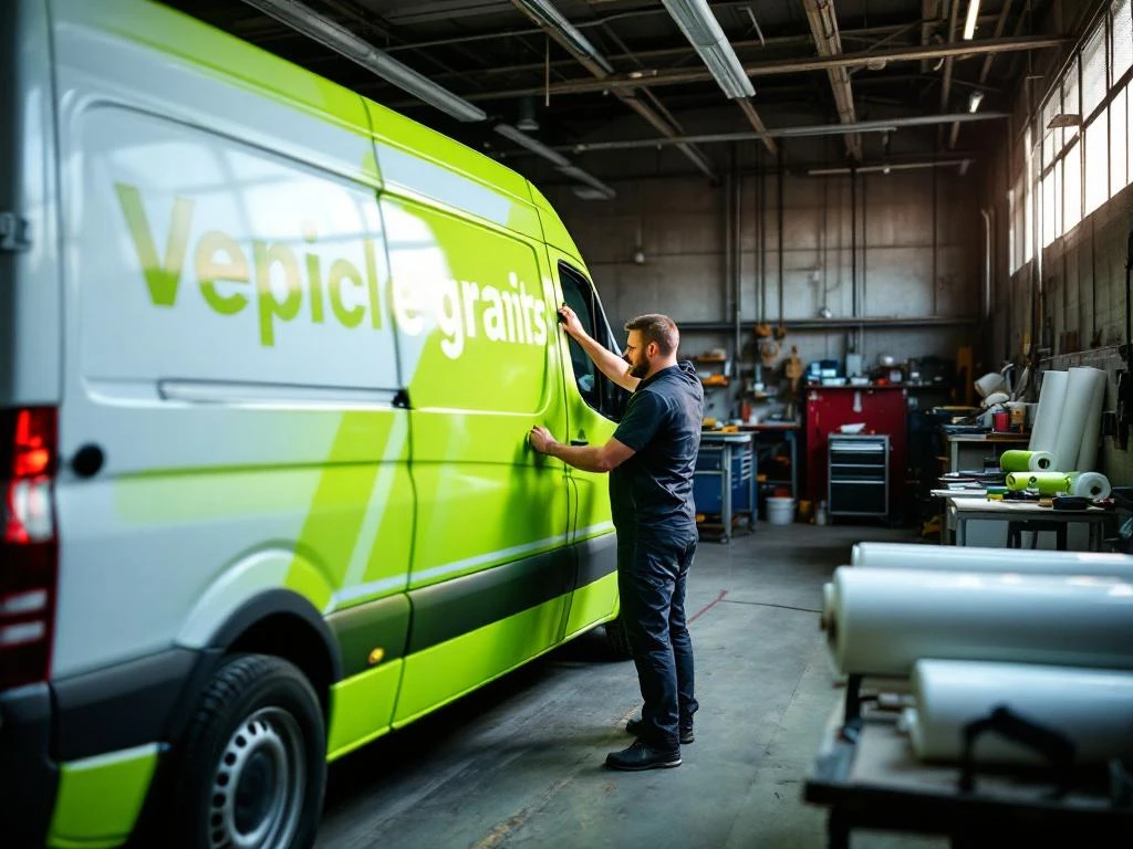 Professionele monteur brengt limoengroene vinyl wrap aan op witte Mercedes Sprinter in werkplaats met gereedschap