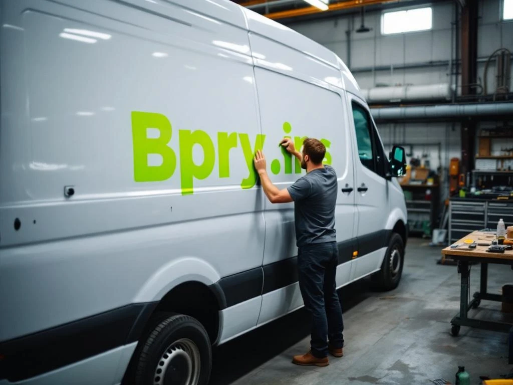 Voertuigbeletteraar brengt felgroene vinyl wrap aan op witte Mercedes Sprinter bestelwagen in professionele werkplaats