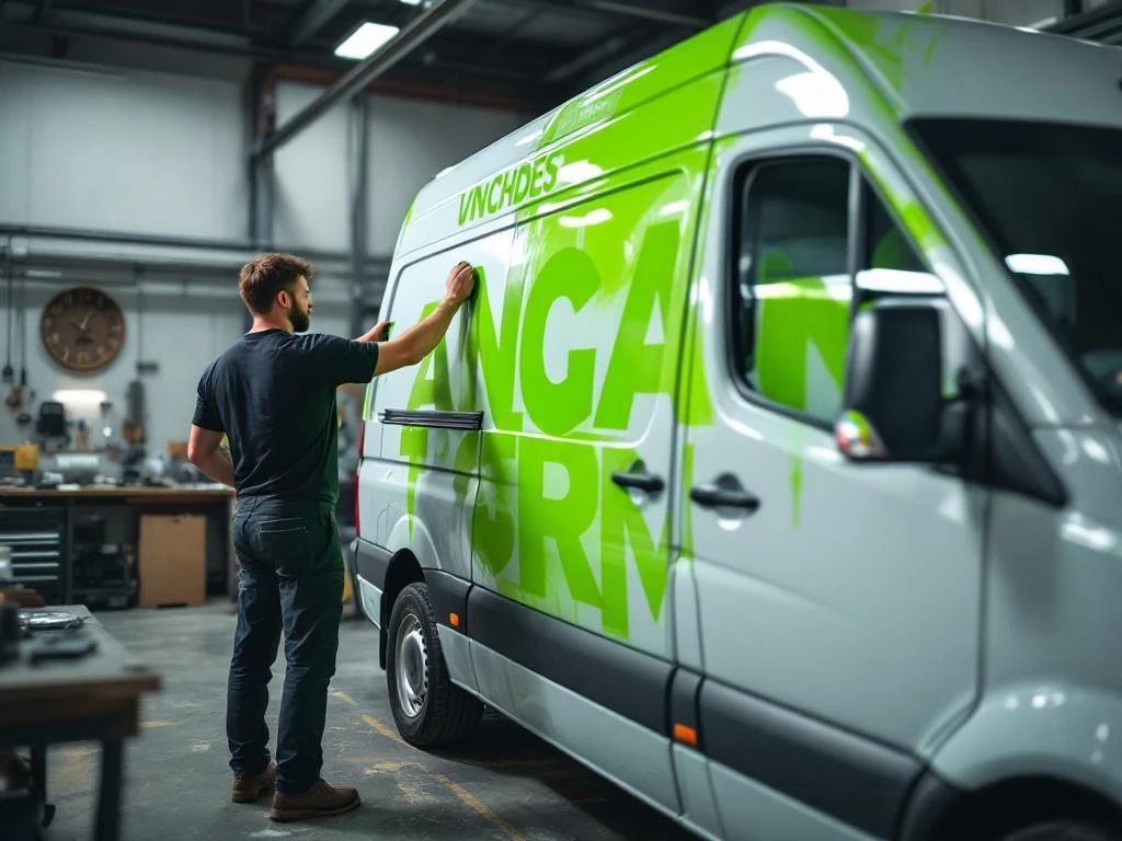 Monteur brengt heldergroene vinyl belettering aan op witte Mercedes Sprinter bestelwagen in professionele werkplaats