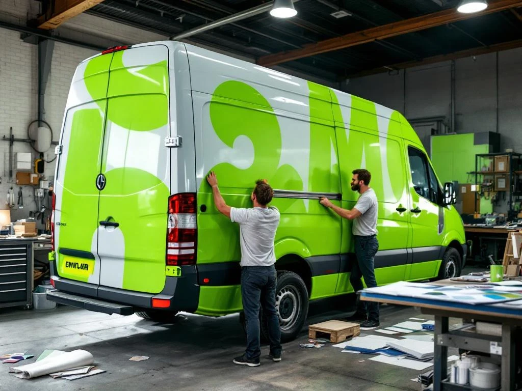 Professionele installateur brengt felgroene vinyl wrap aan op witte Mercedes Sprinter bus in werkplaats