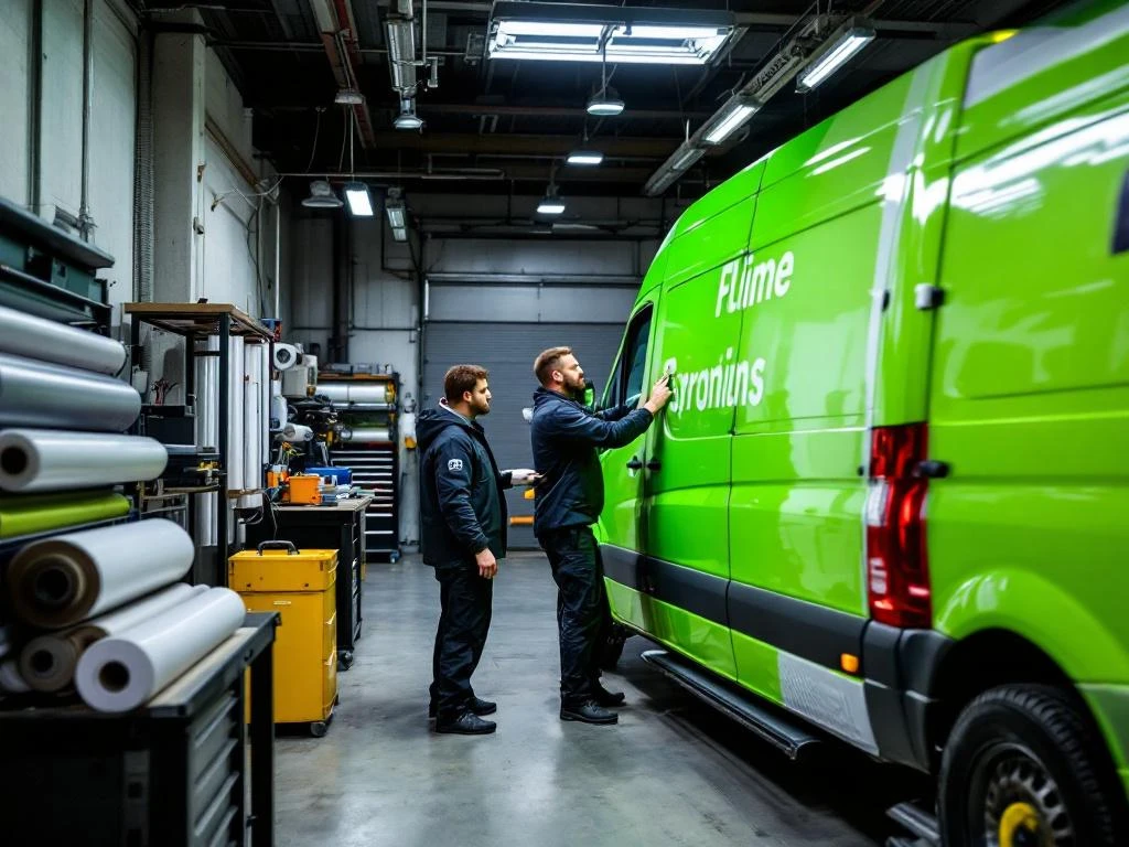 Professionele installateur brengt groene vinyl wrap aan op witte Mercedes Sprinter in werkplaats met gereedschap