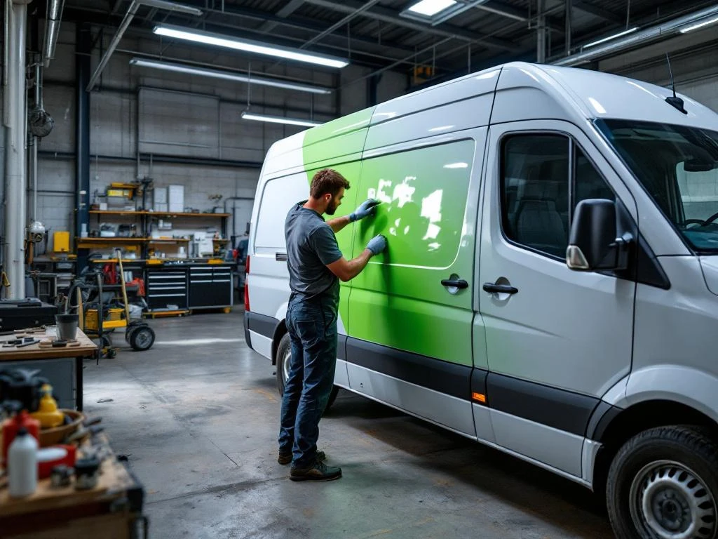 Voertuigbeletteraar brengt felgroene vinylfolie aan op witte Mercedes Sprinter bestelwagen in werkplaats