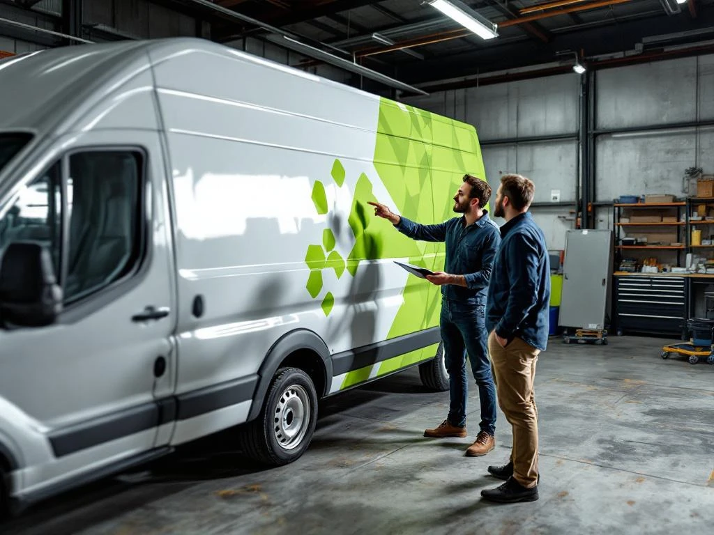 Consultant en klant bespreken voertuigbelettering bij half beplakte witte bestelwagen in professionele werkplaats