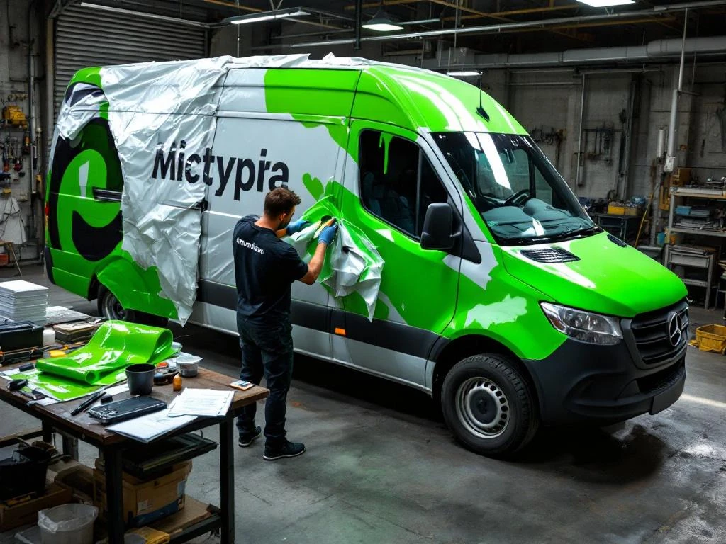 Monteur verwijdert oude vinyl belettering van witte Mercedes Sprinter bestelwagen, nieuwe limoengroene wrap materiaal ligt klaar