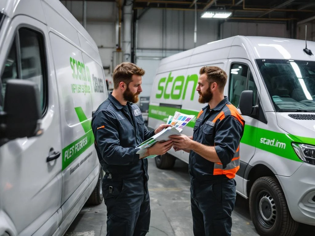 Twee voertuigbelettering installateurs vergelijken merkstijlgidsen bij witte bedrijfsbusjes in werkplaats