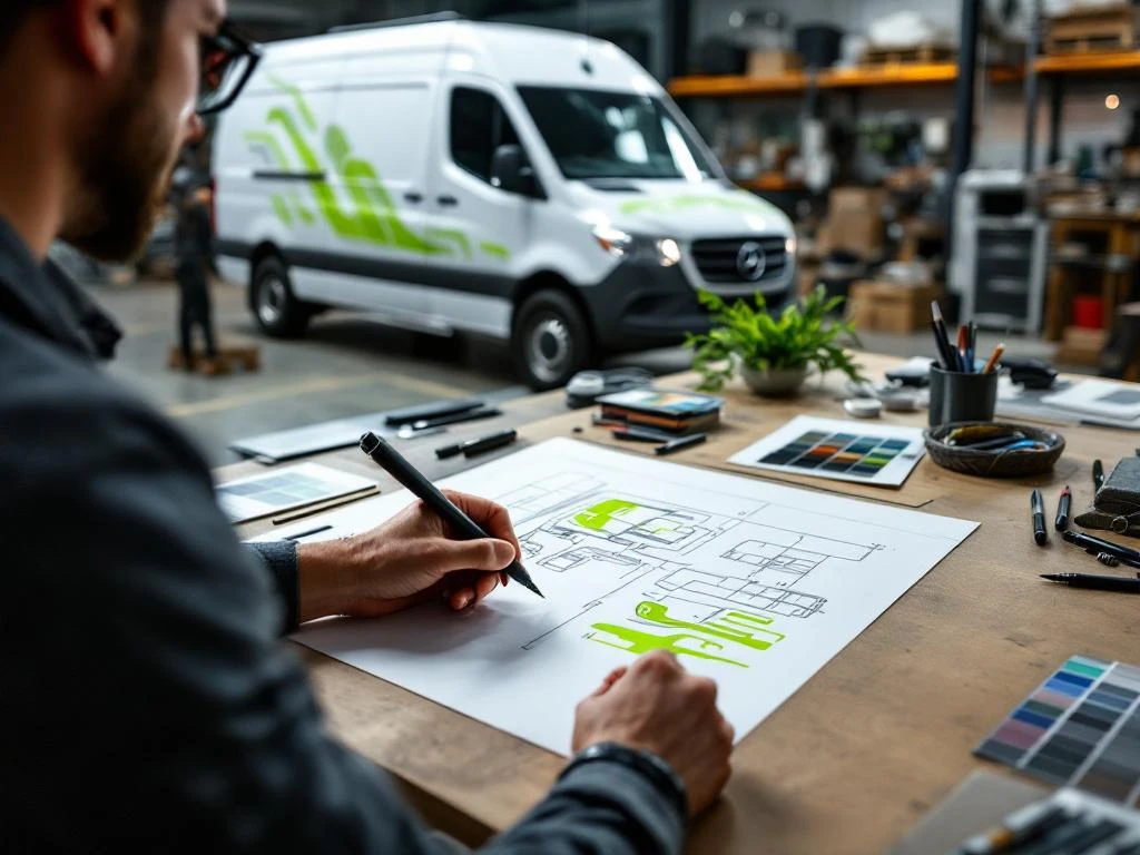 Designer tekent lime groene voertuiggraphics op papier aan tekentafel met witte Mercedes Sprinter bestelwagen op achtergrond