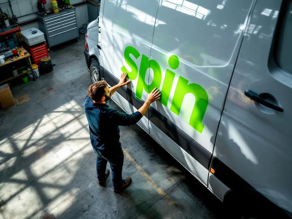 Voertuigbeletteraar controleert felgroene vinyl letters op witte Mercedes Sprinter bestelwagen in professionele werkplaats