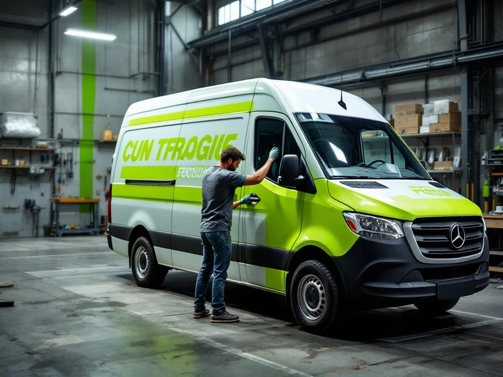 Professionele monteur brengt felgroene vinyl belettering aan op witte Mercedes Sprinter bestelwagen in werkplaats