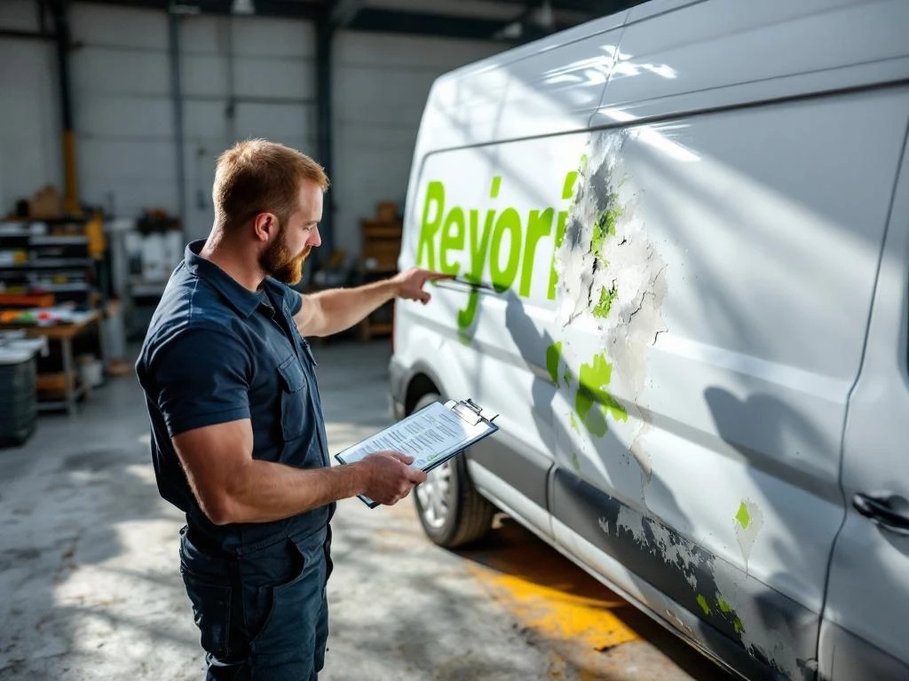 Voertuigbelettering installateur inspecteert afbladderende groene vinyl letters op witte bestelwagen in werkplaats
