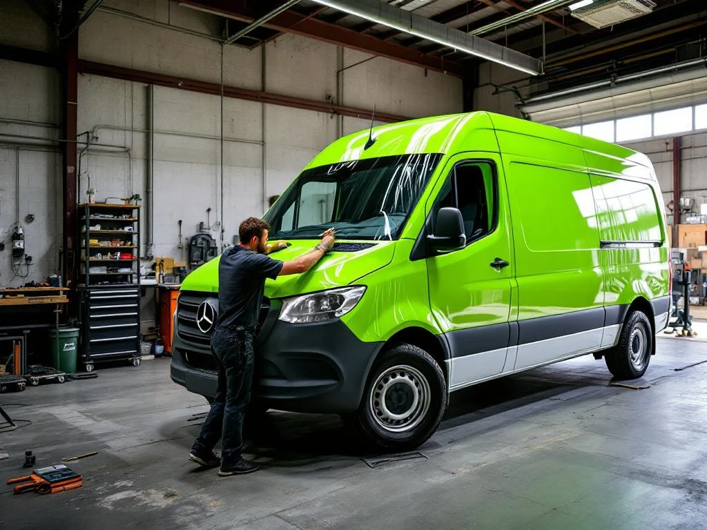 Professionele monteur brengt limoengroene vinyl wrap aan op witte Mercedes Sprinter bestelwagen in werkplaats