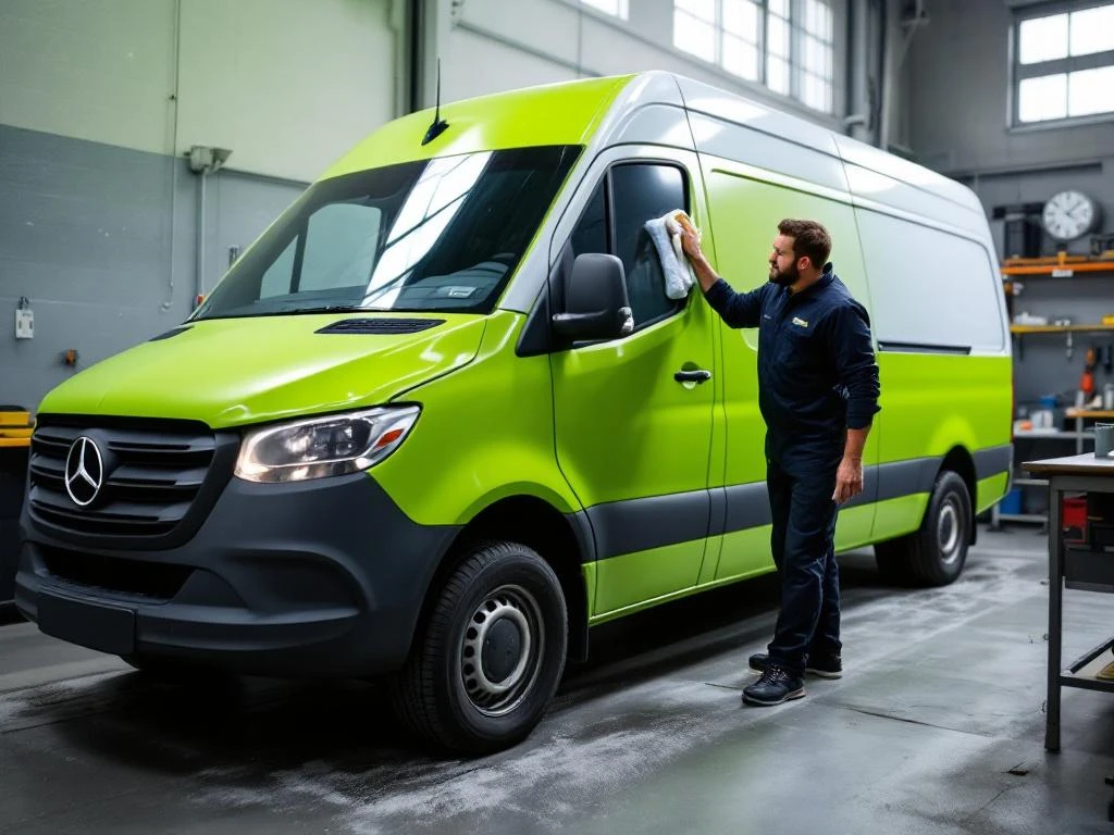 Professionele monteur onderhoudt witte Mercedes Sprinter bestelwagen met limoengroene wrap in werkplaats met microvezeldoek