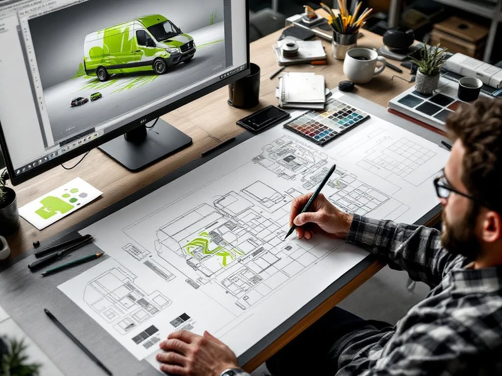 Designer tekent voertuigbelettering ontwerpen op wit busje sjabloon met groene graphics en 3D visualisatie software