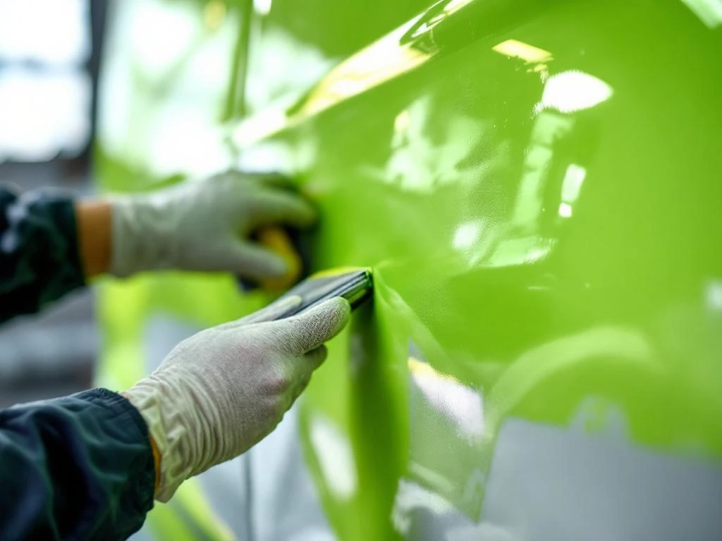 Professionele handen passen limoengroene vinylfolie toe op witte bestelwagen met squeegee gereedschap in werkplaats
