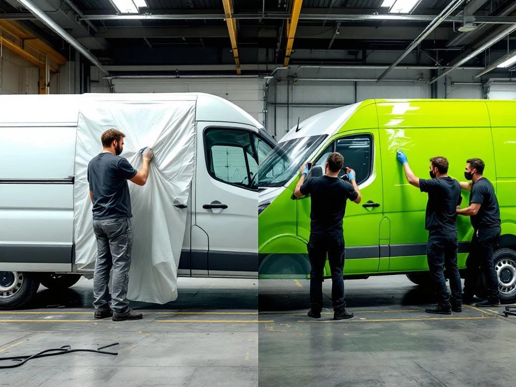 Twee voertuigbelettering scenarios in Nederlandse werkplaats: basis applicatie links versus professionele installatie rechts