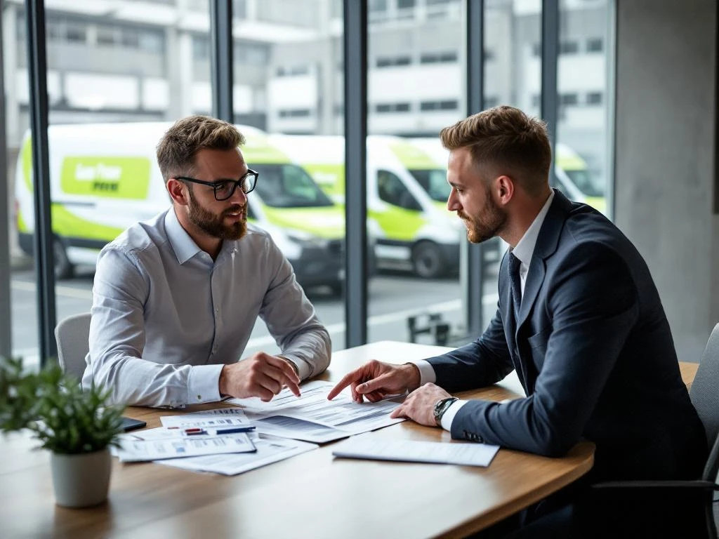 Zakelijke bespreking tussen voertuiggrafiek specialist en leasingvertegenwoordiger met groene bedrijfsbusjes op achtergrond