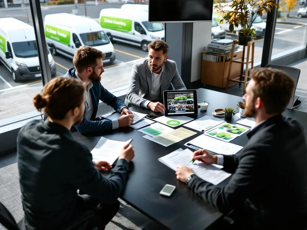 Drie zakenmensen bespreken voertuigbelettering partnerships aan vergadertafel met groene vinyl samples en contracten