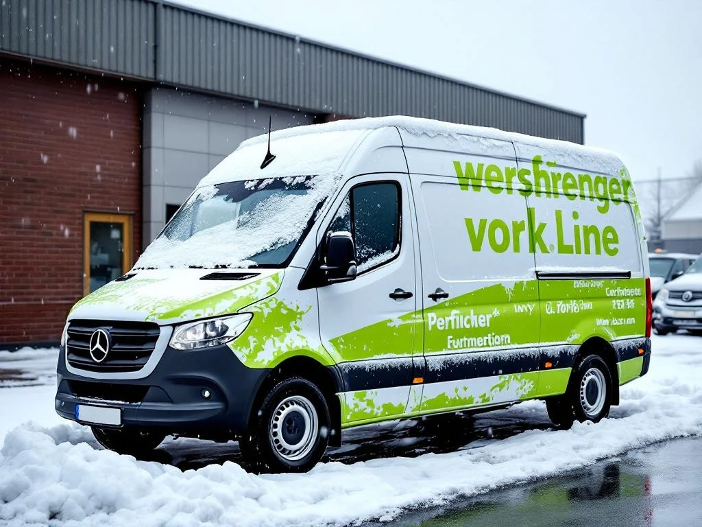 Witte Mercedes Sprinter bestelwagen met afbladderende lichtgroene vinyl belettering door sneeuwschade op bedrijfsparkeerplaats
