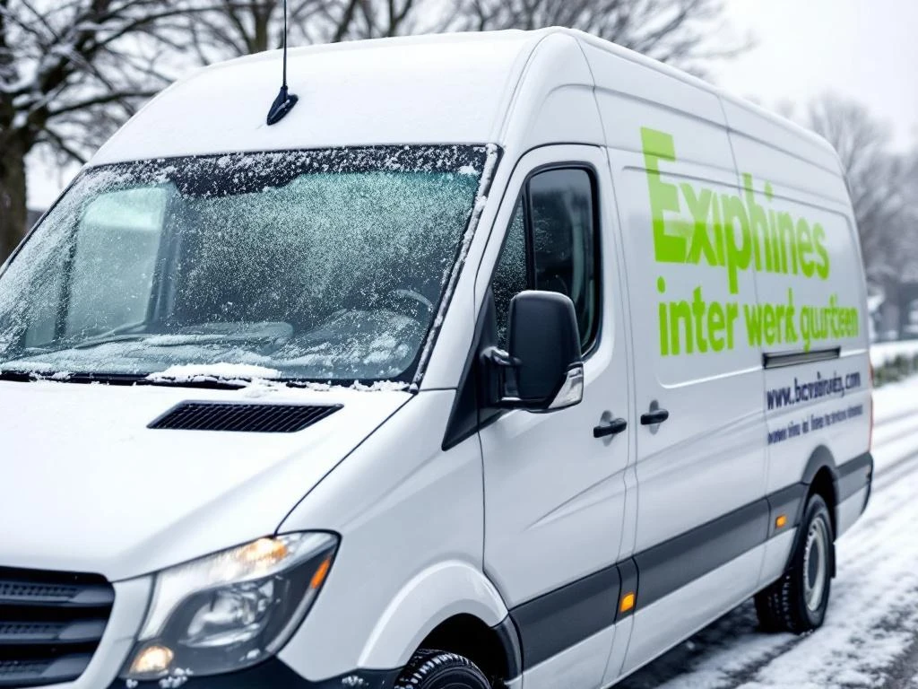 Witte Mercedes Sprinter bestelwagen met groene belettering geparkeerd in Nederlandse winterse omstandigheden met vorst