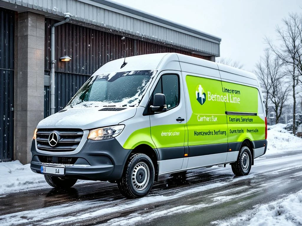 Witte Mercedes Sprinter bedrijfswagen met felgroene belettering geparkeerd in Nederlandse winterse sneeuwcondities