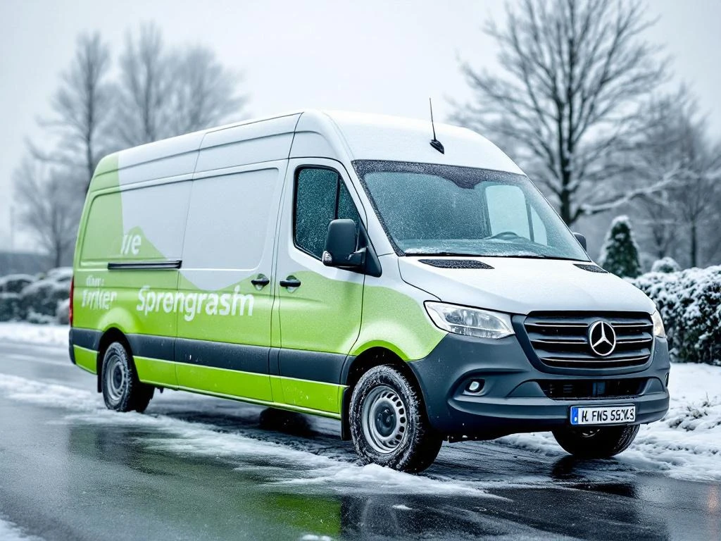 Witte Mercedes Sprinter bestelwagen met groene belettering bedekt met rijp en sneeuw geparkeerd in winterse omstandigheden