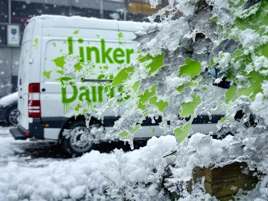 Witte bedrijfswagen met beschadigde groene vinyl belettering door sneeuw en ijs in Nederlandse winter parkeerplaats