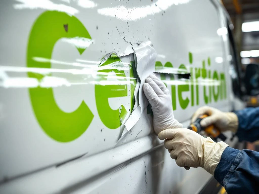 Technicus onderzoekt beschadigde groene vinyl belettering op witte bedrijfswagen in werkplaats met gereedschap