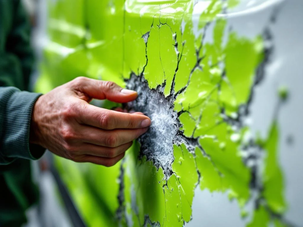 Professionele handen onderzoeken beschadigde limoengroene vinyl stickers op witte bestelwagen met winterschade en scheuren